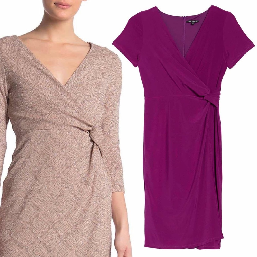 Marina Ruched Surplice Neck Wrap Dress Magenta L